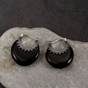 NEW Malia Onxy Black and Sterling Silver Boho Chunky Hoop Earrings